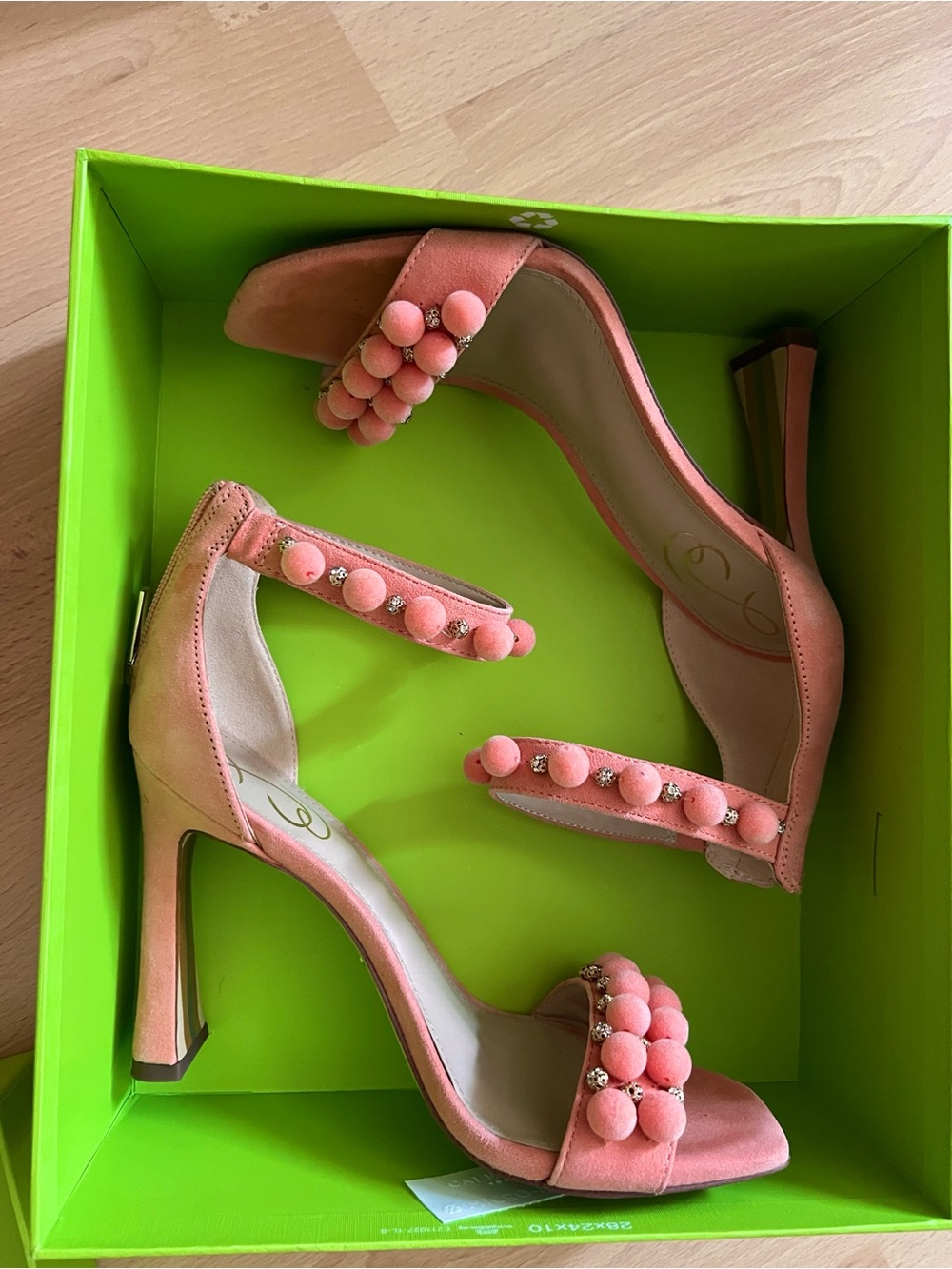 Sam Edelman Pink Suede Pom-Pom Block Heel Sandals